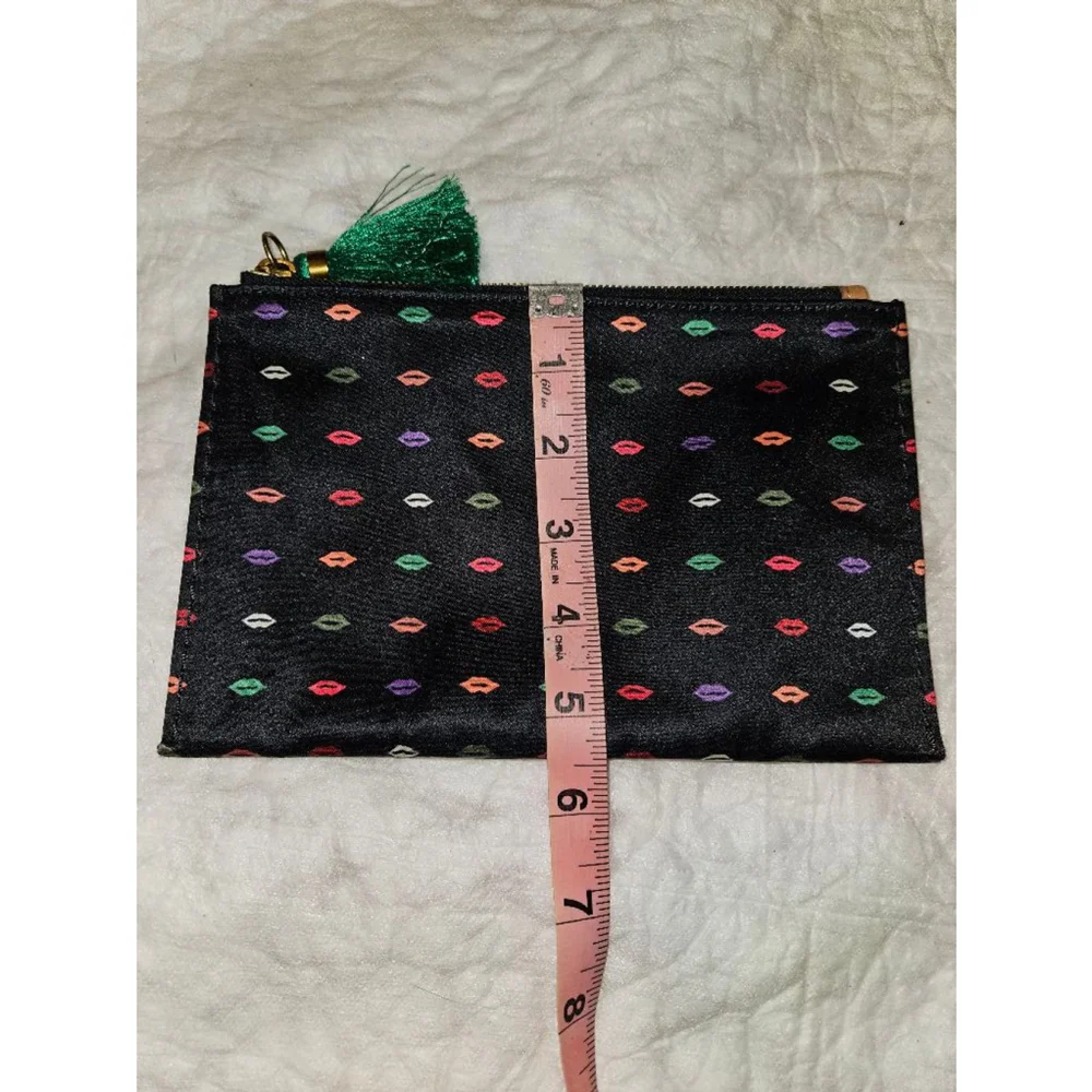 J Crew Make Up Bag Black with Lip Design Pattern & Tassle